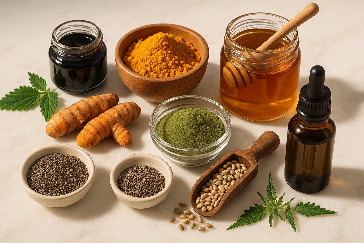 collection of organic products like shilajit, turmeric, mad honey, nettle powder, chai seeds, hemp seeds, hemp seed oil